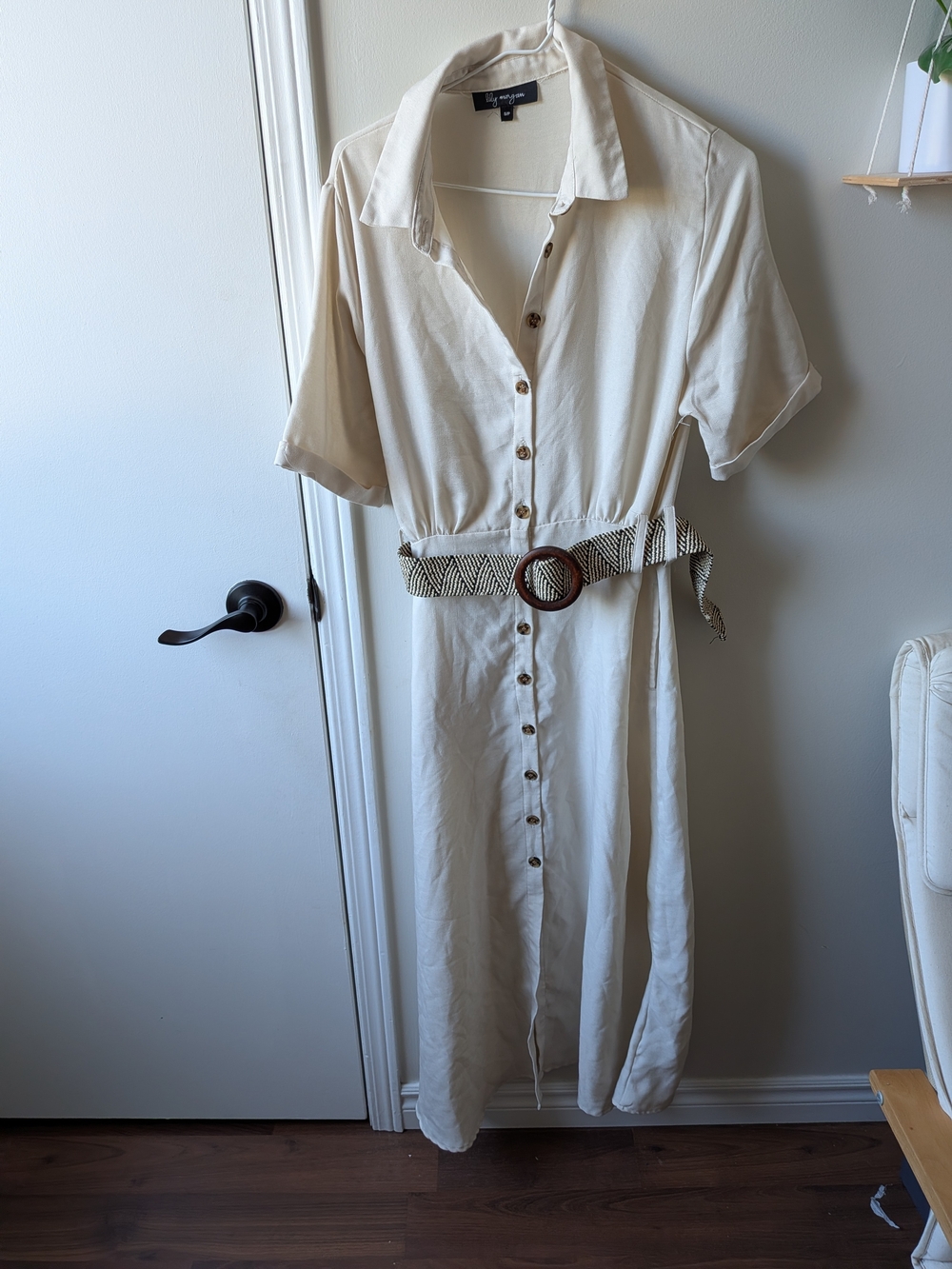 Lily Morgan Cream Button-Up Shirt Maxi Dress With Belt And Pockets